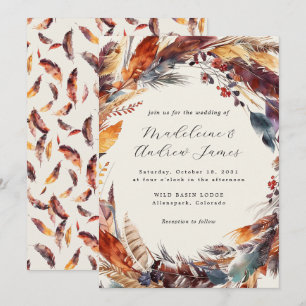 Boho Feathers Fall Wreath Calligrafy Wedding Einladung