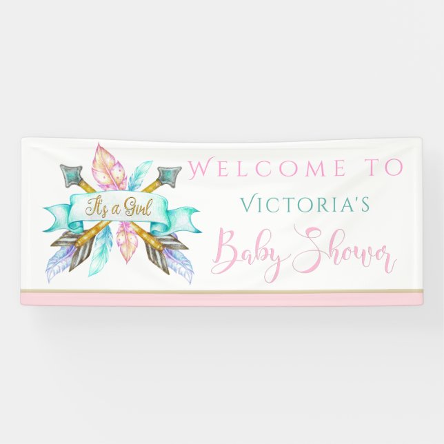Boho Feathers Flèches Fille Baby shower Bannières (Horizontal)