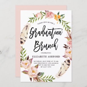 Boho Feathers & Floral Wreath Abschluss Brunch Einladung