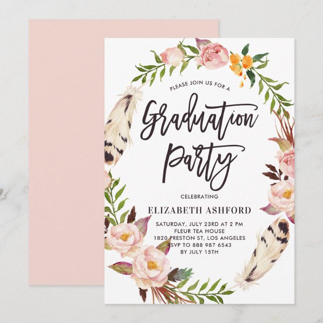Boho Feathers & Floral Wreath Graduation Party Einladung (Vorne/Hinten)