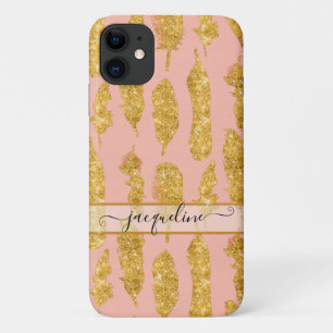 Boho Feathers Gold Glitzer Blush Pink Name Case-Mate iPhone Hülle
