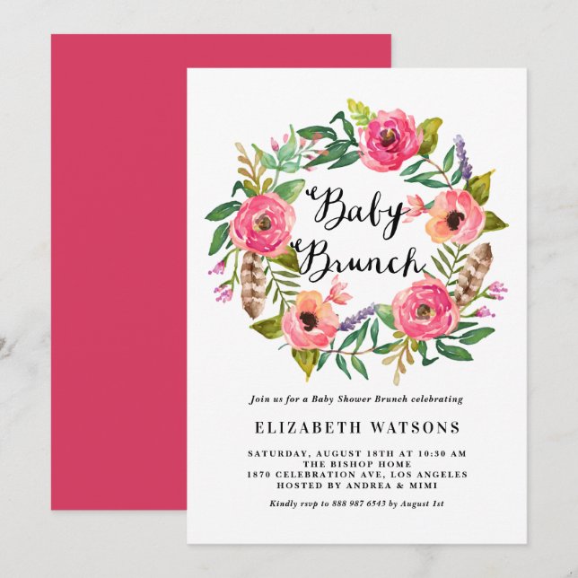 Boho Feathers Pink Floral Wreath Baby Brunch Einladung (Vorne/Hinten)