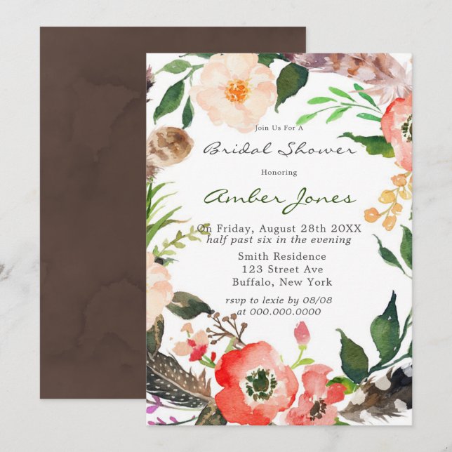 Boho Feathers Red Poppy Bridal Shower Invitation (Devant / Derrière)