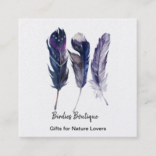 Boho Feathers Square Business Card Quadratische Visitenkarte (Vorderseite)