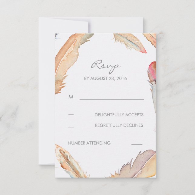 Boho Feathers Watercolor Wedding RSVP Cards Karte (Vorderseite)