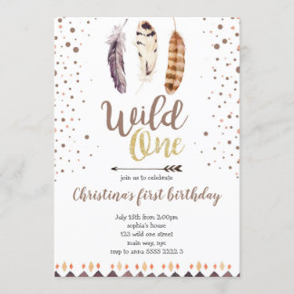 Boho Feathers Wild One Gold Girl zum Geburtstag Einladung