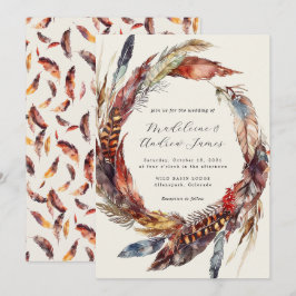 Boho Feathers Wreath Calligrafy Hochzeit im Herbst Einladung