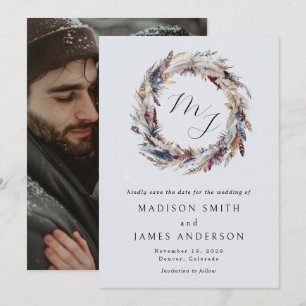 Boho Feathers Wreath Monogram Winter Wedding Save The Date