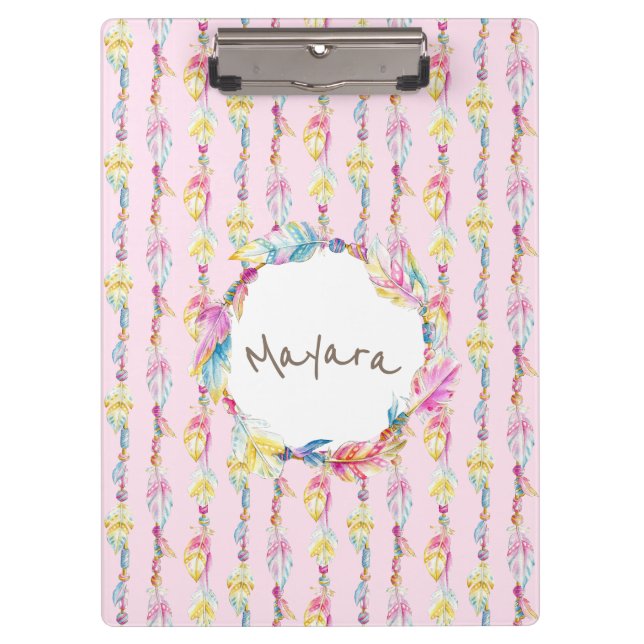 Boho Feder Aquarellkunst Name Rosa Zwischenwand Klemmbrett (Vorderseite)