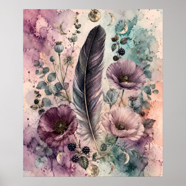 Boho-Feder-und-Mohn-Himmelsmondphase Poster (Vorne)