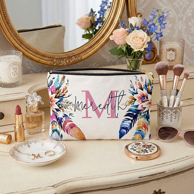 Boho Federn Grenze personalisiert Zubehörtasche (Von Creator hochgeladen)