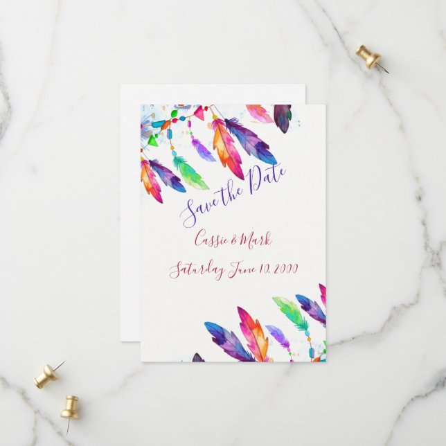 Boho Federn personalisiert Save The Date (Vorderseite/Rückseite Beispiel)