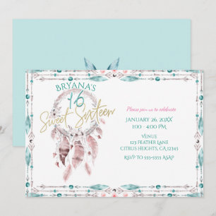 Boho-Federn-Traumfänger Teal Pink Sweet 16 Einladung