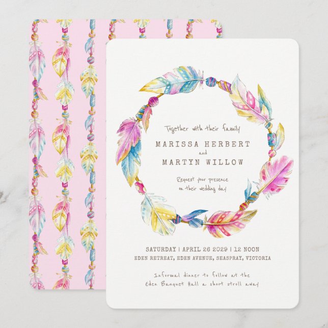 Boho Federperlen Aquarell Rosa Hochzeit lädt ein Einladung (Vorne/Hinten)