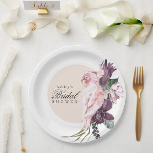 Boho-feminine tropische rosa Papageien-Brautjungge Pappteller