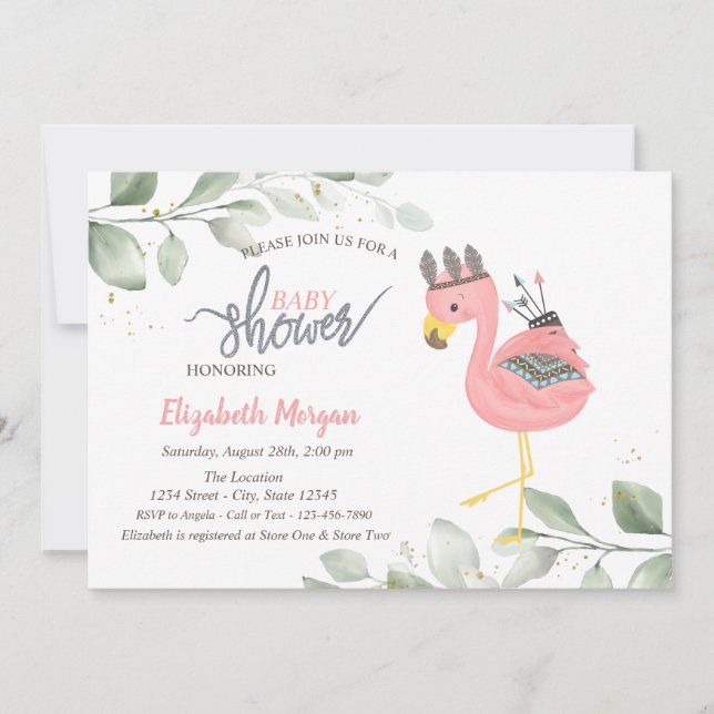 Boho Flamant rose Feuilles Baby shower Invitation (Devant)