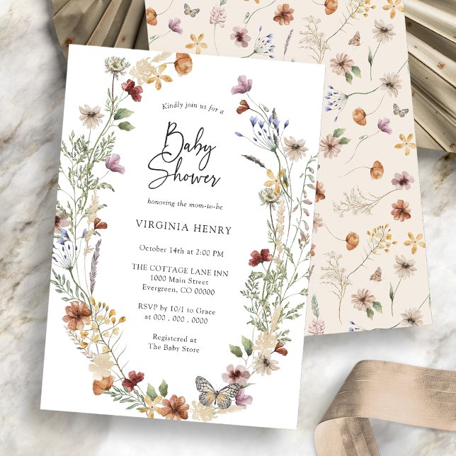 Boho Fleur sauvage Baby shower Invitation (Boho Wildflower Baby Shower Invitation White Front and Tan Back
)