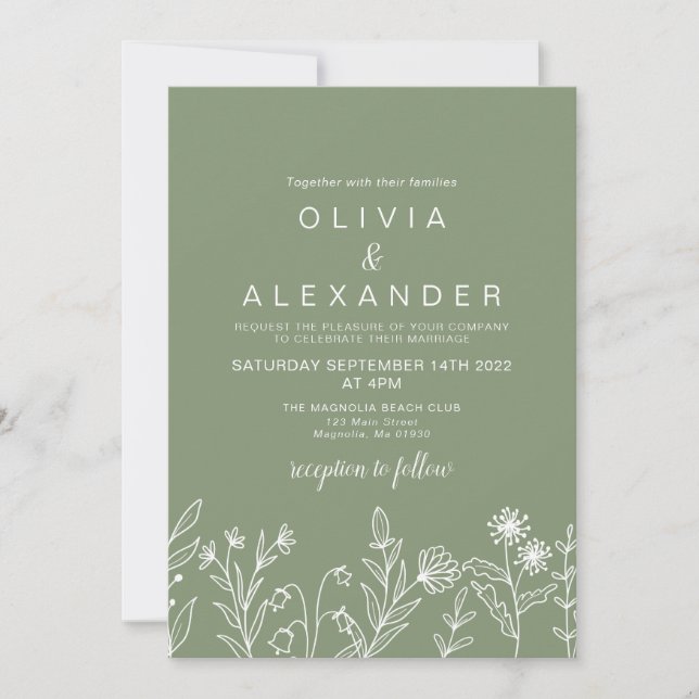 Boho fleur sauvage sauge vert faire-part de mariag (Devant)