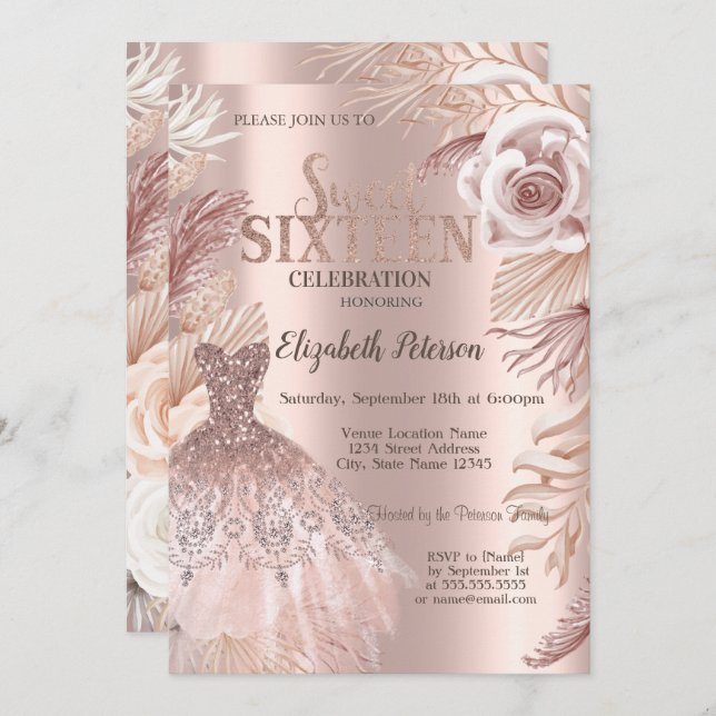 Boho Fleurs robe Rose Gold Sweet 16 Invitation (Devant / Derrière)