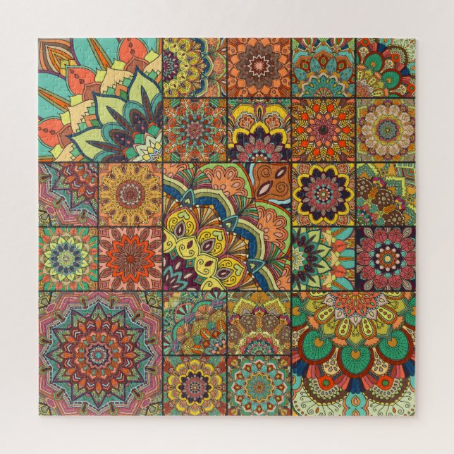 Boho-Fliesen: farbenfrohes Patchwork-Nahtlosmuster (Vertikal)