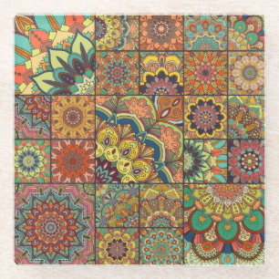 Boho-Fliesen: farbenfrohes Patchwork-Nahtlosmuster Glasuntersetzer