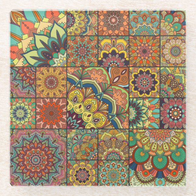 Boho Fliesen: farbiges Patchwork nahtlos Muster Glasuntersetzer (Vorderseite)