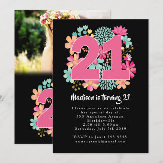 Boho Floral 21. Geburtstag Fotokarten Einladungen