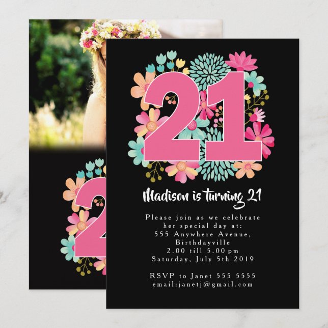 Boho Floral 21e anniversaire Cartes photos Invitat (Devant / Derrière)