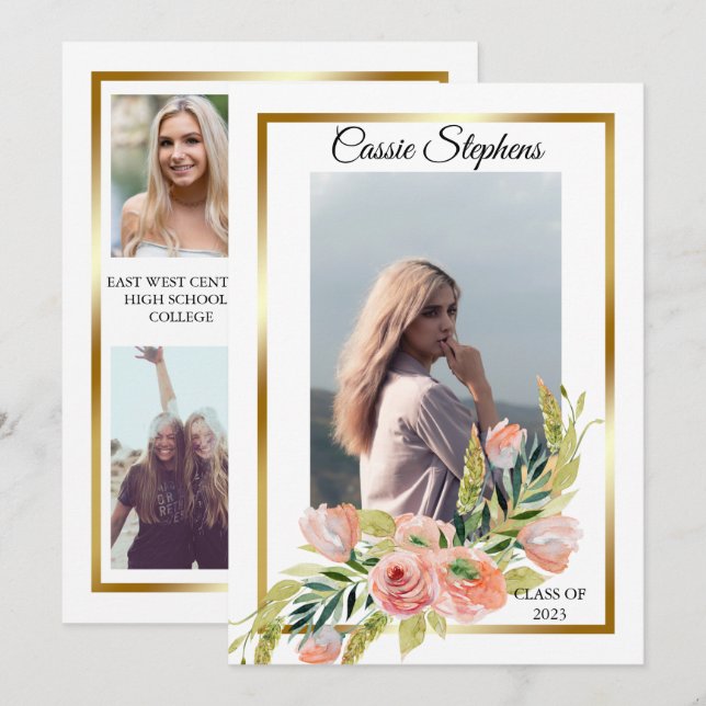 Boho Floral 4 Foto Collage Gold Frame Abschluss Ankündigung (Vorne/Hinten)