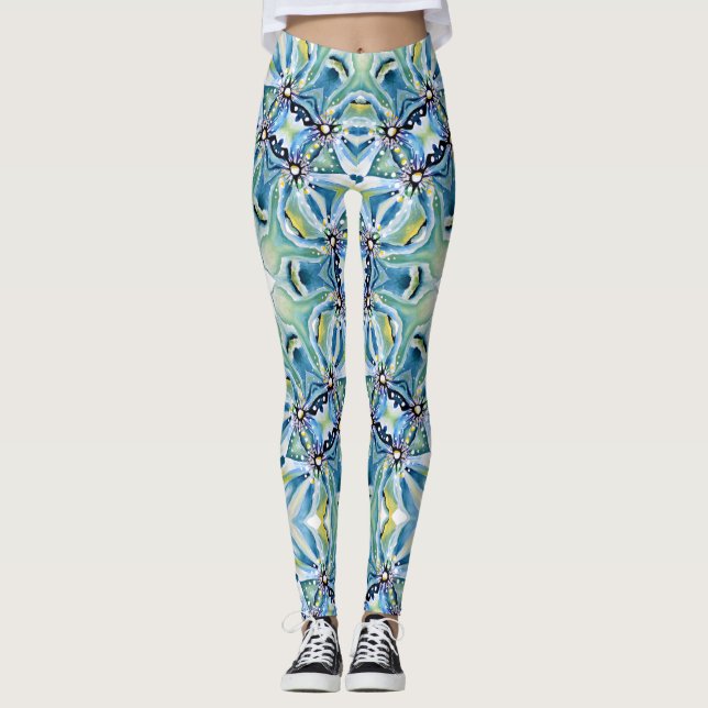 Boho Floral Abstrakt Pattern Artistic Blue Gren Leggings (Vorderseite)