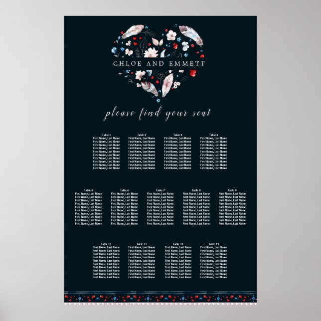 Boho Floral and Feathers 13-Tisch Seating Chart Poster (Vorne)