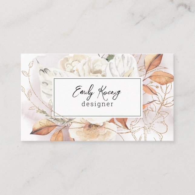 Boho Floral and Gold Tracery Business Card Visitenkarte (Vorderseite)