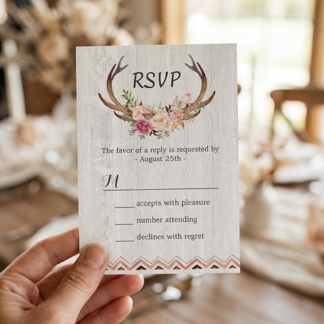 Boho Floral Antler Rustic White Wood Wedding RSVP (Von Creator hochgeladen)