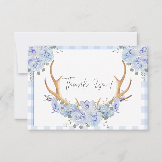 BOHO Floral Antlers Blue Gingham Dankeskarte (Vorderseite)