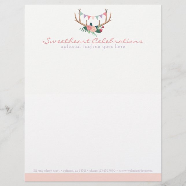 Boho Floral Antlers & Shabby Rose Party Jagd Briefkopf (Vorderseite)