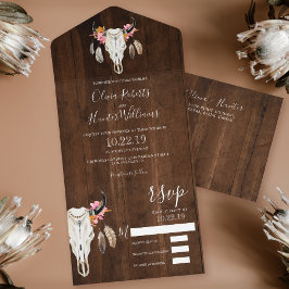 Boho Floral Antlers Skull Dark Wood Wedding All In One Einladung