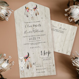 Boho Floral Antlers Skull Wood Wedding All In One Einladung