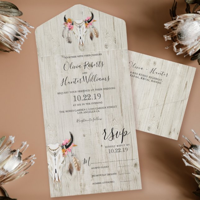 Boho Floral Antlers Skull Wood Wedding All In One Einladung (Von Creator hochgeladen)