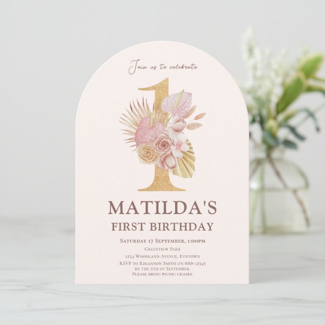 Boho Floral Arch Einladung zum 1. Geburtstag (Stehend Vorderseite)