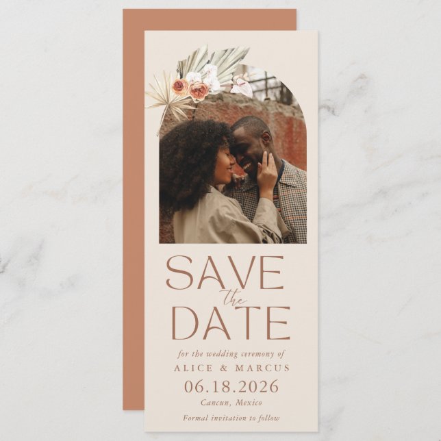 Boho Floral Arch Foto Hochzeit speichern das Datum Save The Date (Vorne/Hinten)