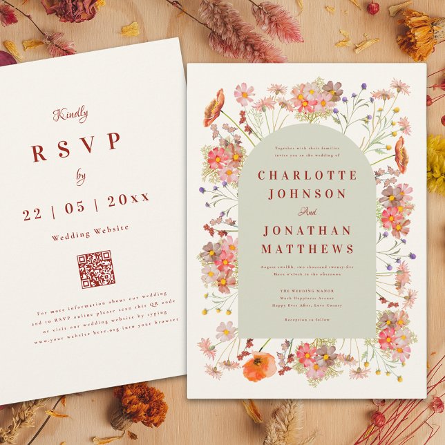 Boho Floral Arch Hochzeit im Herbst Einladung (Burnt orange wildflower sage green wedding invitation )