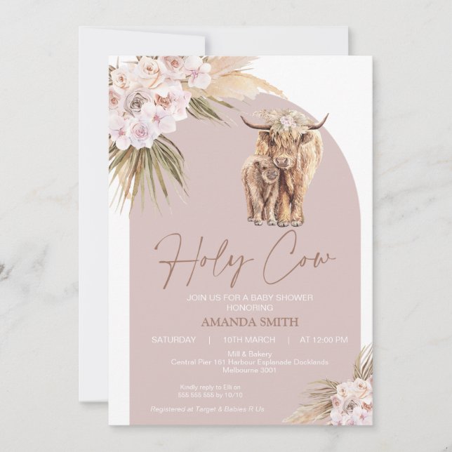 Boho Floral Arch Holy Cow Baby Dusche Einladung (Vorderseite)