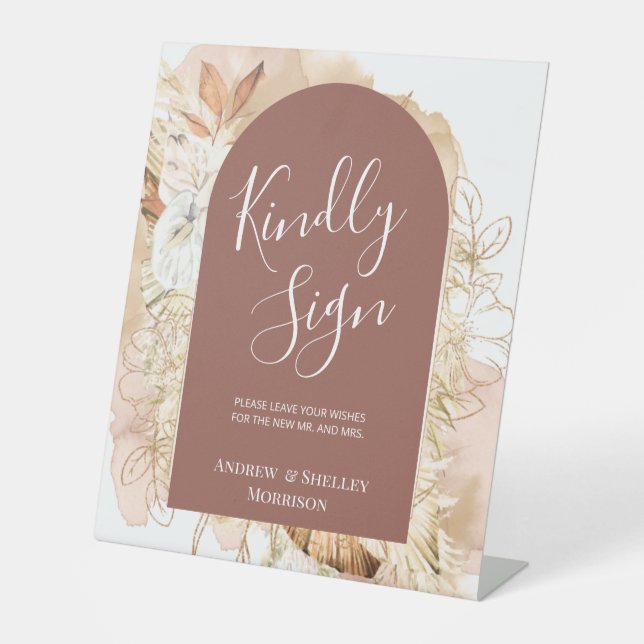 Boho Floral Arch Kindly Sign Wedding Gästebuch Sockelschild (Vorderseite)