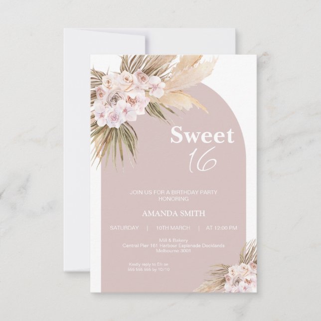 Boho Floral Arch Sweet 16 Anniversaire Invitation (Devant)