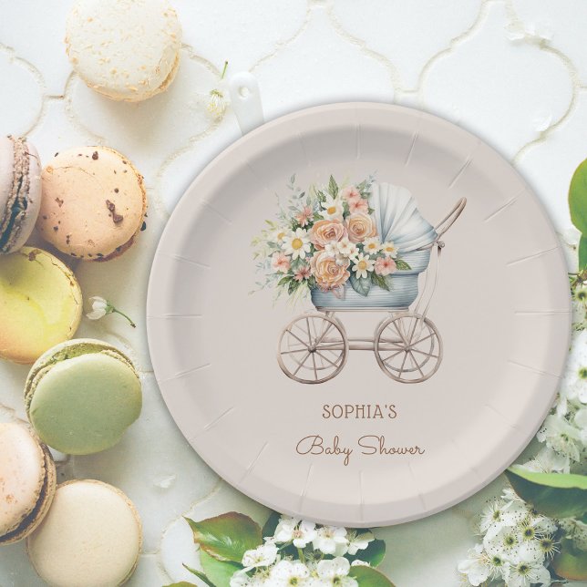 Boho Floral Baby Carriage Baby Shooter Pappteller (Von Creator hochgeladen)