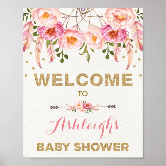 Boho Floral Baby Dusche Blush Dreamcatcher Willkom Poster (Vorne)