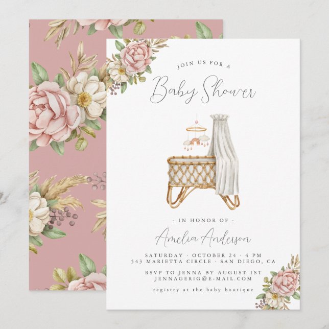 Boho Floral Baby Girl Dusche Einladung (Vorne/Hinten)