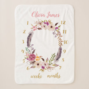 Boho Floral Baby Milestone Monthly Sherpa Blanket Sherpadecke