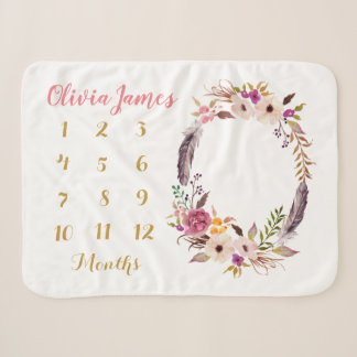 Boho Floral Baby Milestone Monthly Sherpa Blanket Sherpadecke