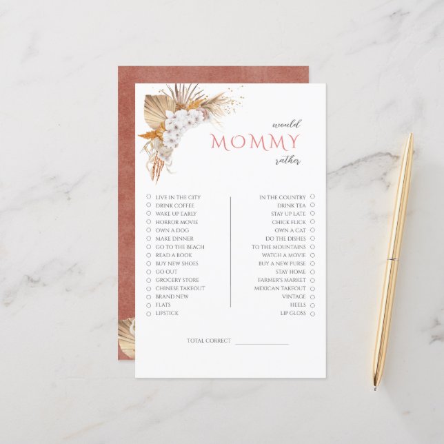 Boho Floral Baby Shower Game Mommy eher (Vorderseite/Rückseite Beispiel)